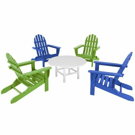 POLYWOOD Classic 5-Piece Pacific Blue / Lime / White Patio Set with 4 Folding Adirondack Chairs 633PWS191PBL